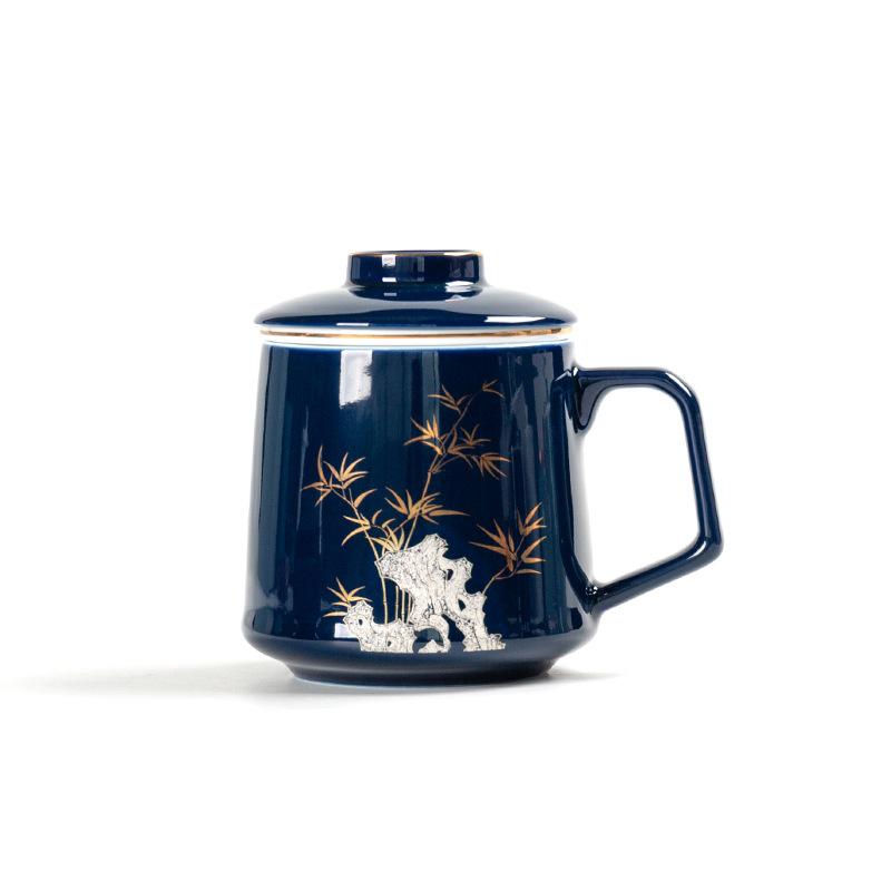 Household Three Piece Ceramic Cup Gold Painted Mug with Cover Filter Tea Separate Tea and Make Tea Cup