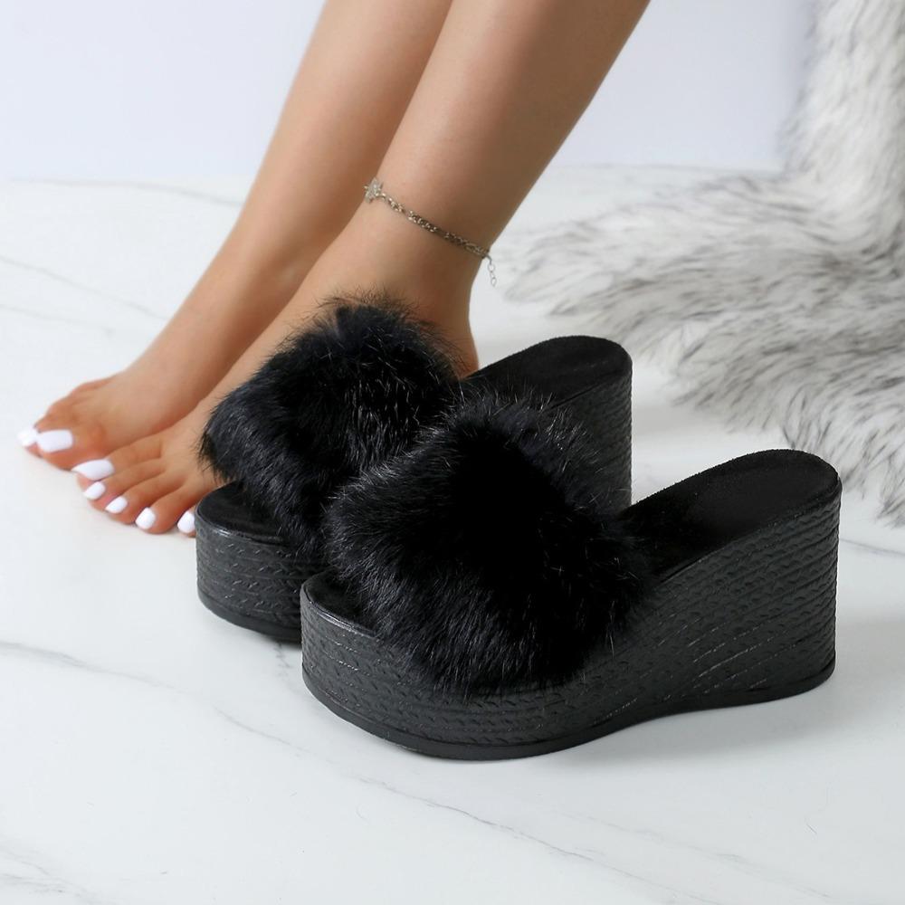 Меховые тапочки на толстой платформе, женские летние меховые тапочки с толстой подошвой, женские плюшевые дизайнерские туфли, шлепанцы, женские сандалии, шлепанцы
