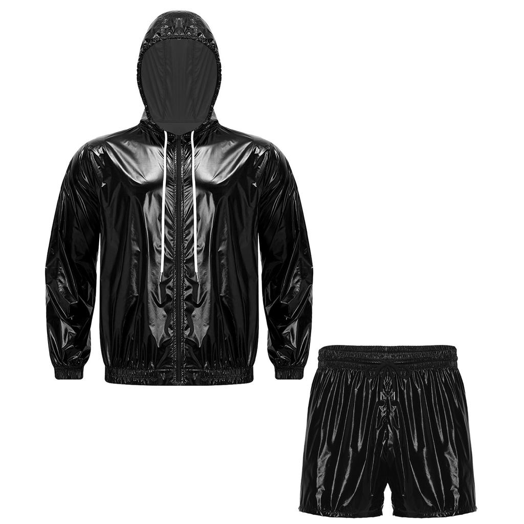 Mens Waterproof Sportswear Long Sleeve Zip Up Hooded Jacket Windbreaker Built-in Briefs Boxer Shorts Sweat Outfit