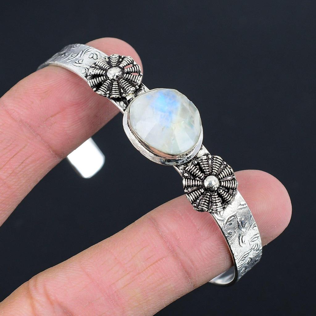 День женщин Сделка Стерлинговое серебро Натуральный радужный лунный камень Свадебный браслет Ювелирные изделия