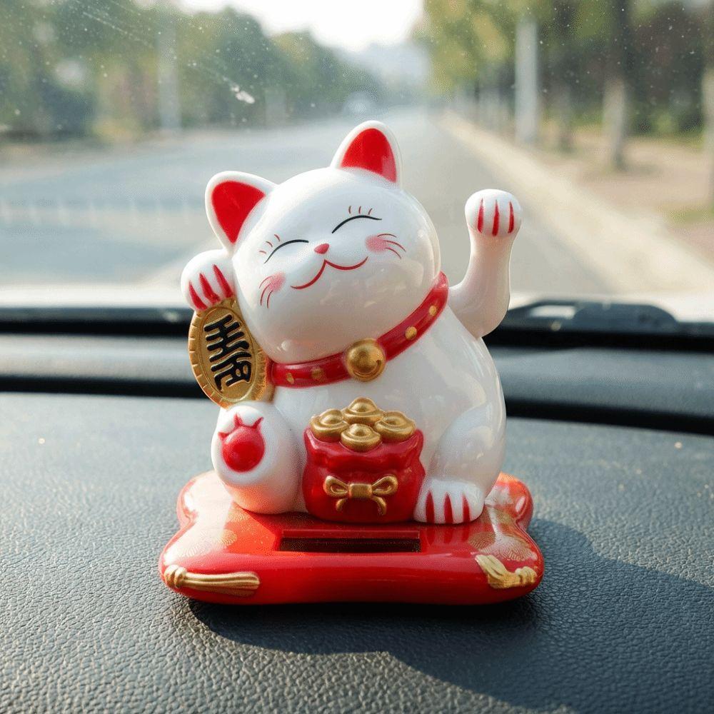 Solar Powered Fortune Cat Figurine Waving Wealth Waving Hand Cat Ornaments for Home, Office