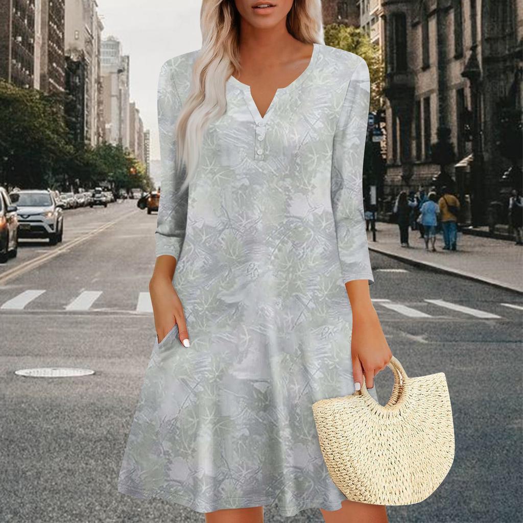Women's Summer Dress Loose V Neck Three-quarter Sleeve Sundress With Pockets Dress