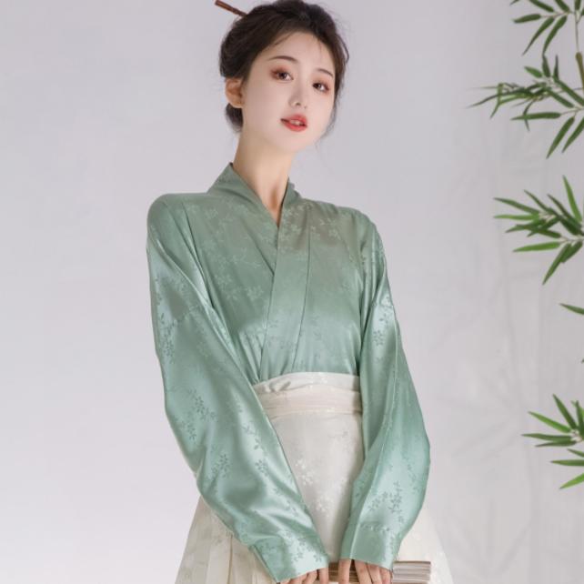 Women Ming Dynasty Hanfu Set Floral Bird Mamian Skirt Jacquard Plane Sleeve Top Traditional Chinese Outfit