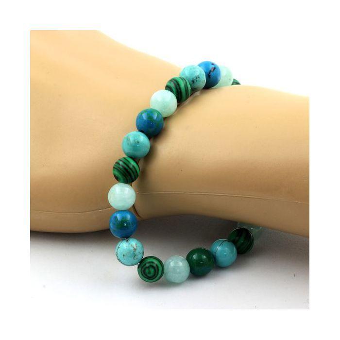 Pierres et Minéraux. Bracelet Perles Angélite + Malachite + Turquoise + Chrysocolle 8 mm. Fabriqué en France.