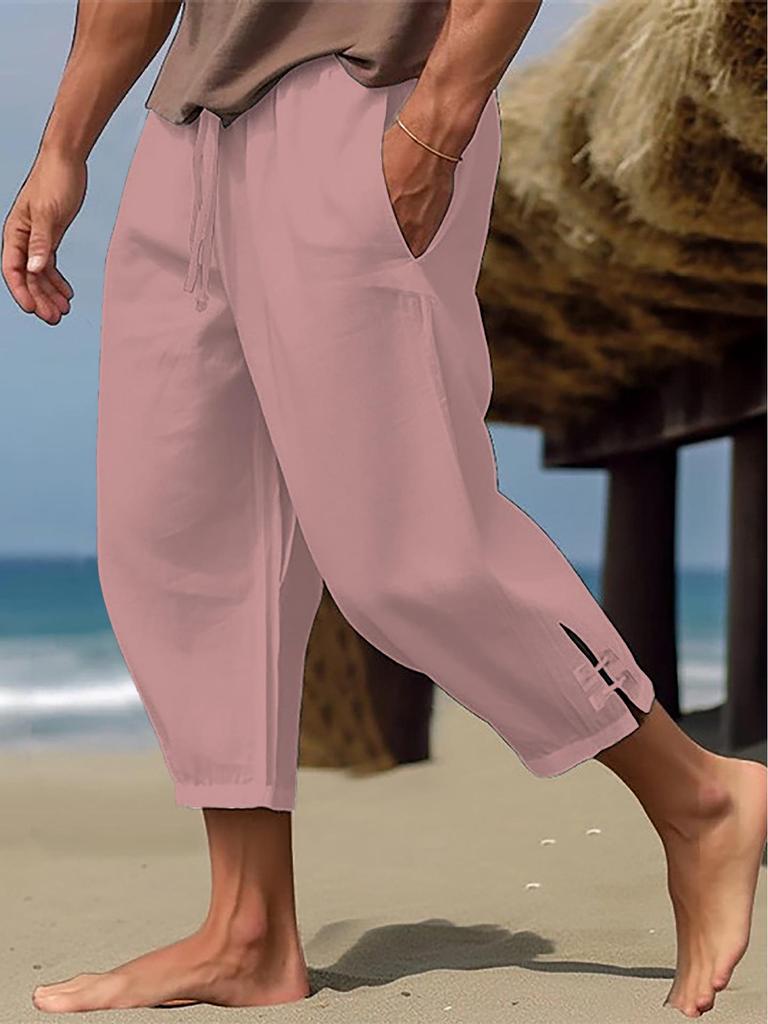 Мужские повседневные летние брюки из хлопка и льна с карманами и поясом на шнурке, лето 2025