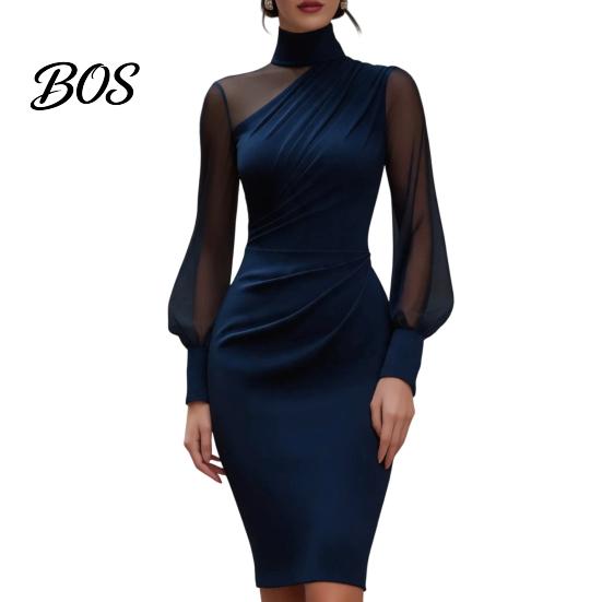 Everyday Casual Dress Women's Mesh Sheer Long Sleeve Mini Dress, Ruched Bodycon Mock Office Wear Women Neck Party Cocktail Formal Wedding Guest