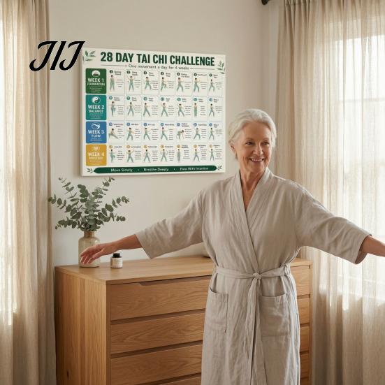 Physical Therapy Aid 28 Day Tai Chi Challenge Poster, Beginner Guide Chart, Senior Fitness Motivation Standing Home Workout Routine, Gentle Exercises
