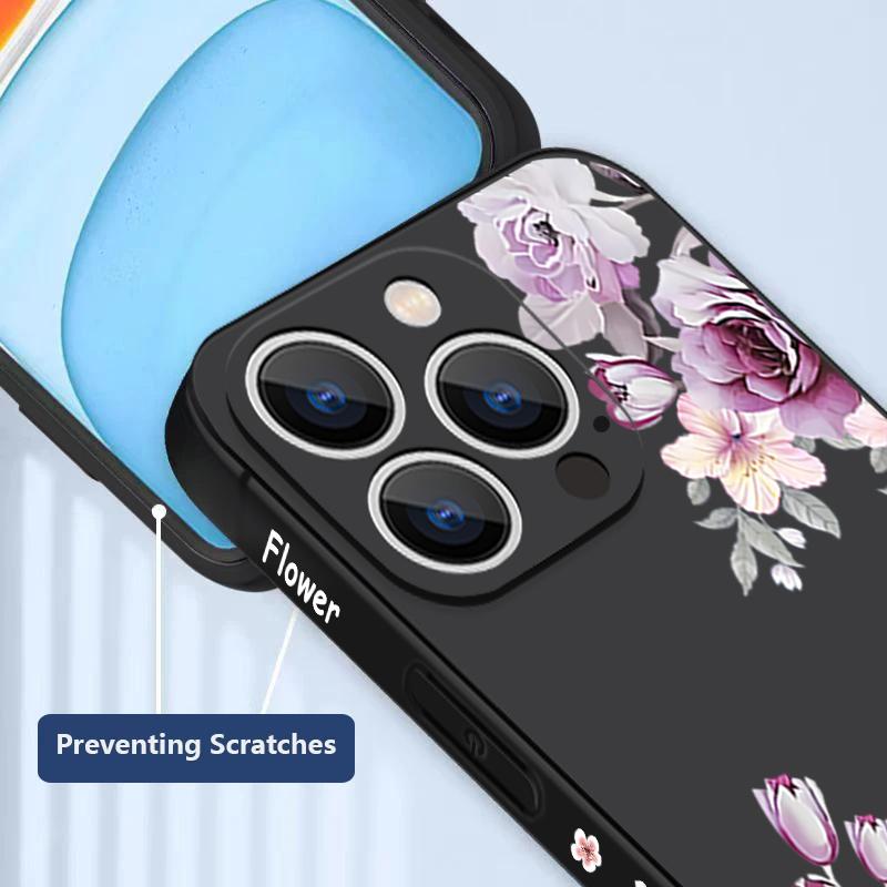 Фиолетовый цветочный узор Ударопрочный чехол для iPhone 16 17 Pro Max 15 Pro 14 13 12 11 Ремешок TPU Защита объектива Матовый мягкий чехол для телефона