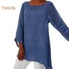 Plus Size Women Fashion Solid Color O-Neck Long Sleeve Irregular Pure Colot Tunic Top T-Shirt