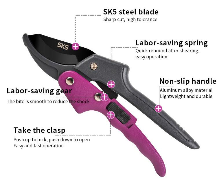 Ножницы SK5 Ножницы с зубчатым приводом из высокоуглеродистой стали, садовые ножницы, садовые ножницы с острым, устойчивым к ржавчине стальным лезвием
