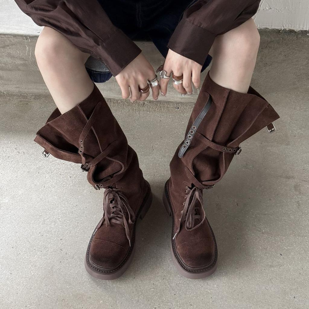 2025 новые ковбойские сапоги в западном стиле, ретро рыцарские сапоги, женские сапоги средней высоты, средний толстый каблук, толстая подошва, с мехом, длинные сапоги