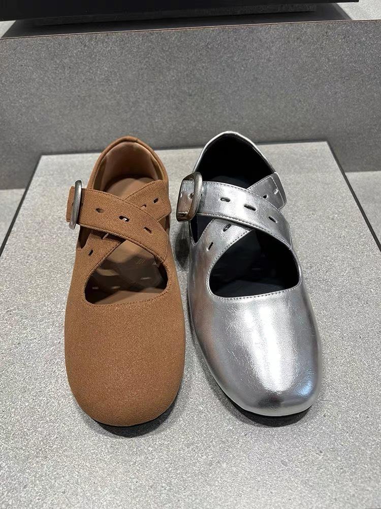 French retro cross strap Mary shoes women's spring new round head shallow mouth ballet flat shoes