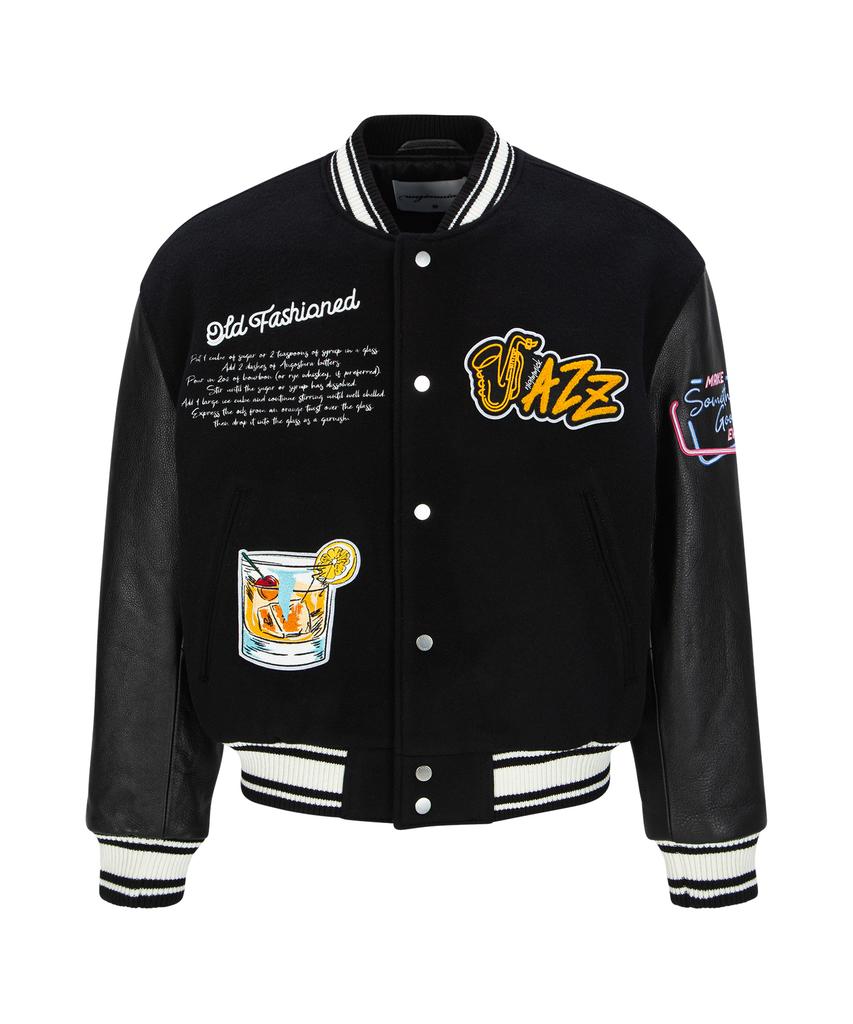 Ungimmick Leather Sleeve Wool Varsity Jacket (Black)
