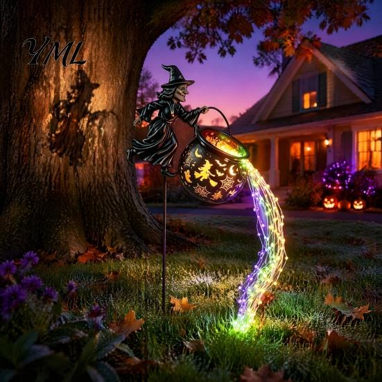 Glowing Yard Art for Halloween Witch Cauldron Light, Flying Silhouette Garden Stake with Colorful Landscape Lighting LED, Spooky Outdoor Decorative