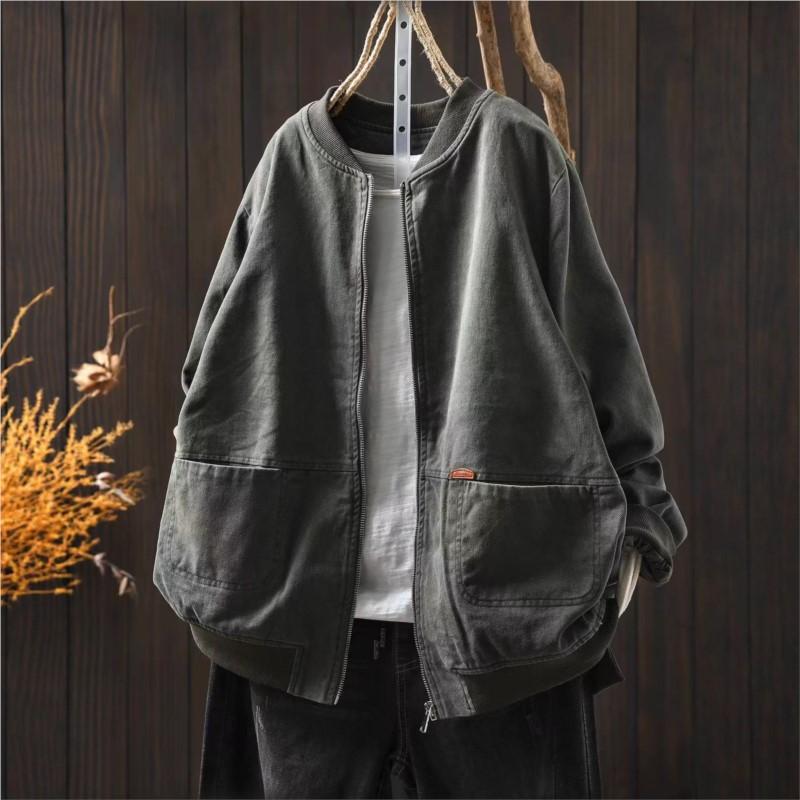 Johnature Women Vintage Jackets Solid Color Stand Long Sleeve Coats Autumn Zipper Loose Casual Pockets Jackets
