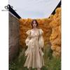 French Square Neck Apricot Bubble Waisted Vintage Design Fairy Dress Women's High Quality Casual Style Long Coat