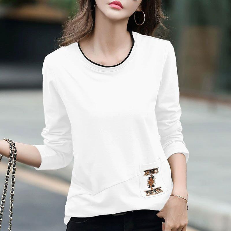 2025 Embroidered Pocket Long Sleeve T-shirt Women's Autumn Large Size Women's Splicing Bottom Shirt Top Trendy