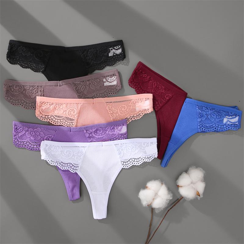 FINETOO Women's Cotton Thongs 3Pcs/set Lace Bikini Underpants S-XL Ladies G-string Underwear Soft Thong Panties Female Lingerie