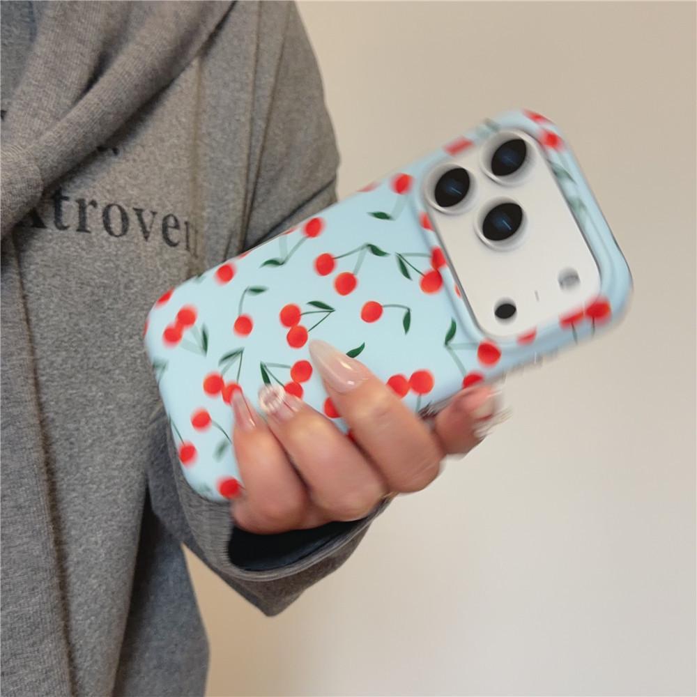 Матовый Синий Чехол с Вишней в Корейском Стиле для iPhone 13-17 Pro/Pro Max, Дизайн под Кожу для Женщин