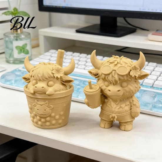 Home Office Table Decoration 2Pcs Cute Highland Cow Figurine, 3D Printed Bubble Tea Statues, Fun Desk Accessory Summer Farmhouse Style Desktop