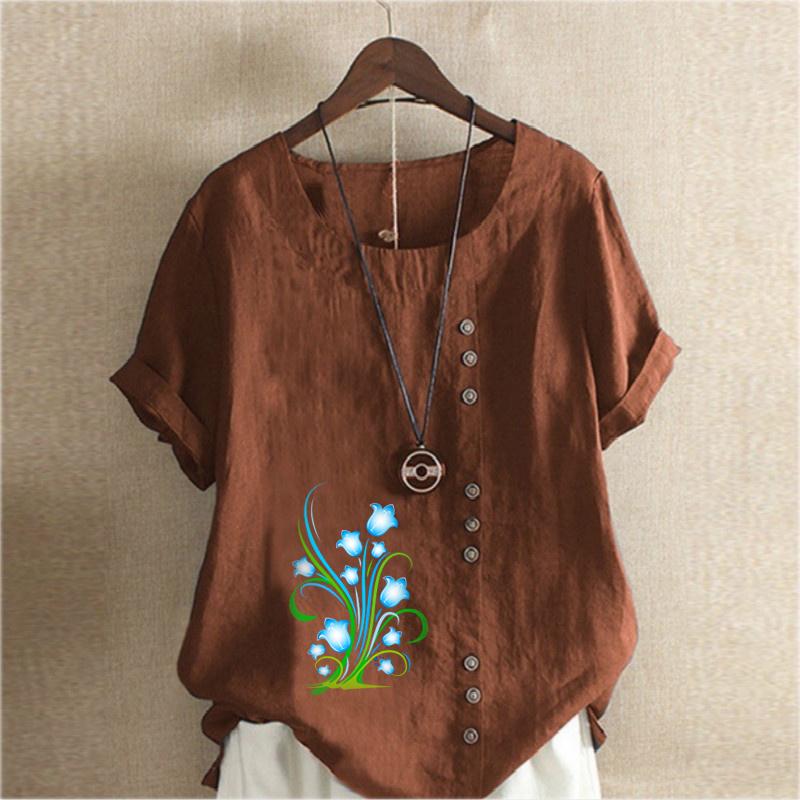 Women's Fashion Flower Prined Round Neck Short Sleeve T-shirt Casual Cotton Linen Graphic Shirt Leisure Loose Summer Blouse Tops Plus Size