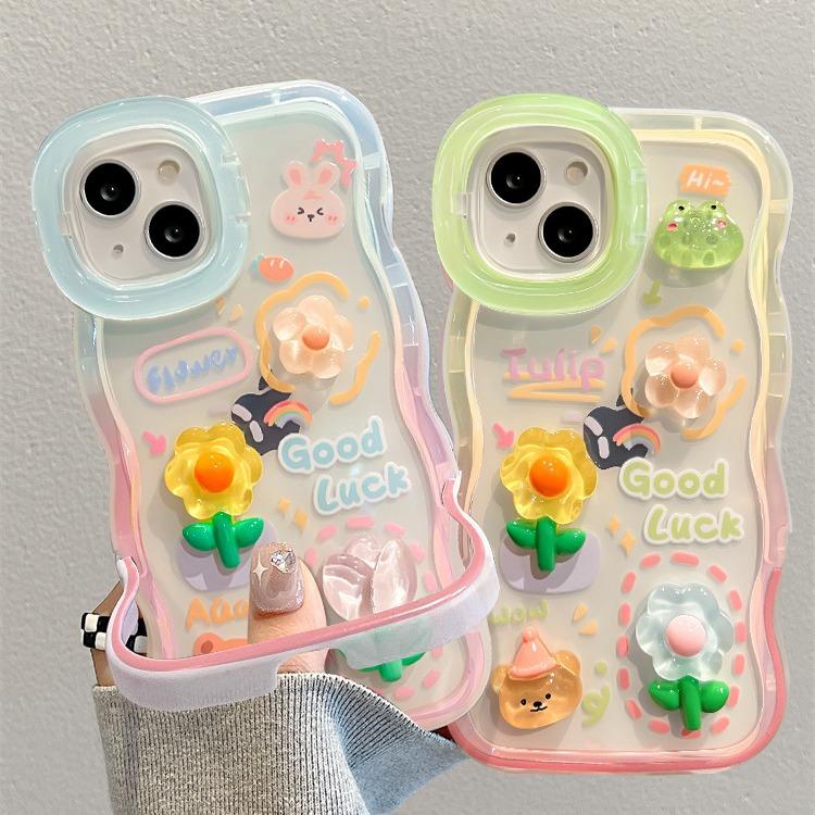 Applicable To Apple 15 Mobile Phone Case Iphone14 Rabbit Frog Flower Doll Chain 13 Wavy Edge Invisible Double Bracket