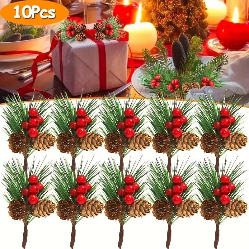 10pcs Artificial Pine Picks with Pine Needles, Pinecones & Red Berries - Durable Plastic Christmas Decor for Wreaths, Xmas Tree