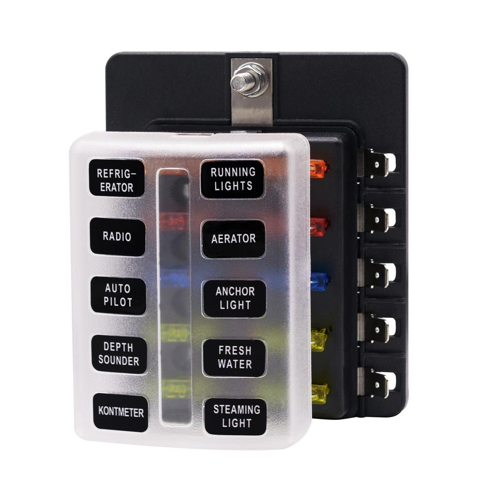 PC Terminal Block Type, 1 In 10 Out Fuse Boxes for Cars, RVs, and Ships, with LED Lights, 12-32V