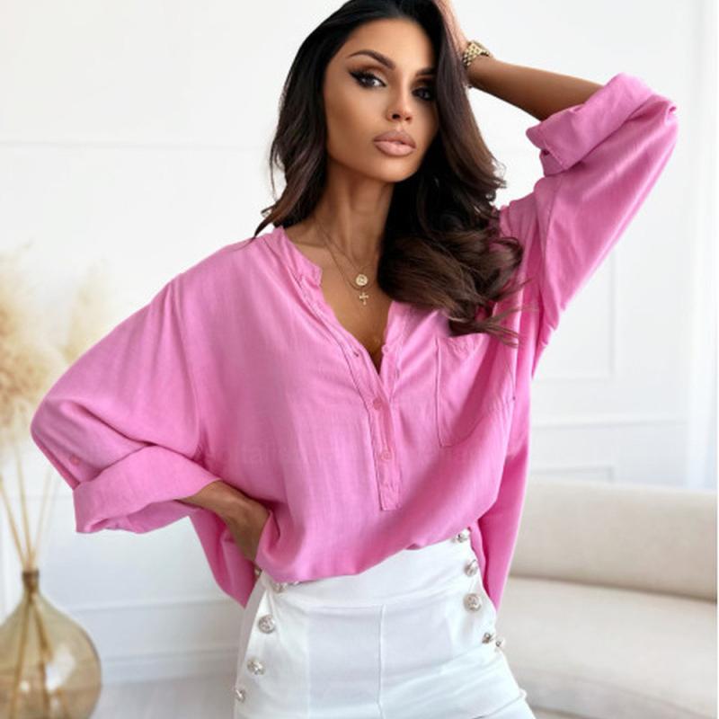 Fitting And Loose Simple Half Open Collar Single Breasted Solid Color Blouse