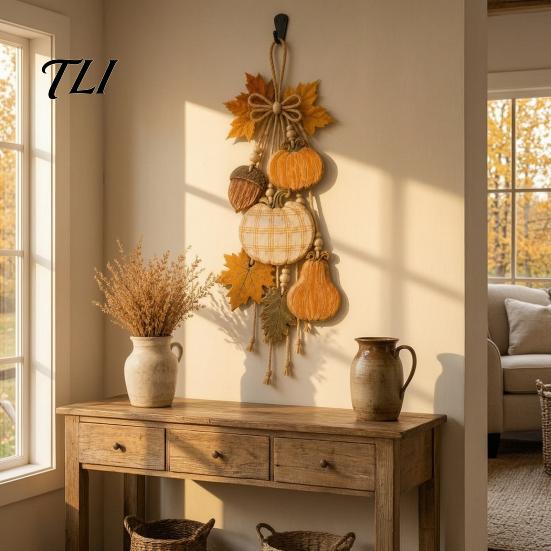 Autumn Front Door Sign Rustic Pumpkin Hanging Swag, Wooden Ornament with Optional Warm Harvest Theme LED Lights, Fall Hanger for Farmhouse Wall Decor