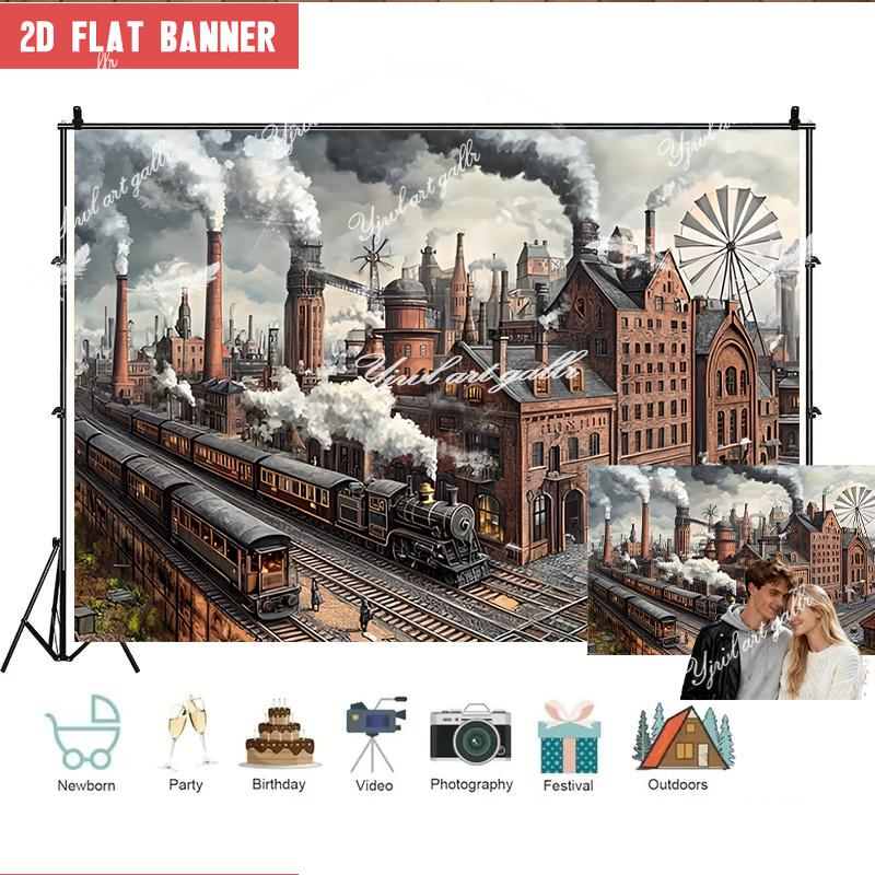 1pc Industrial Revolution Theme Party Decoration Banner, Brick Factory Buildings with Smoking Chimneys and Steam Train Design, for Wedding Birthday