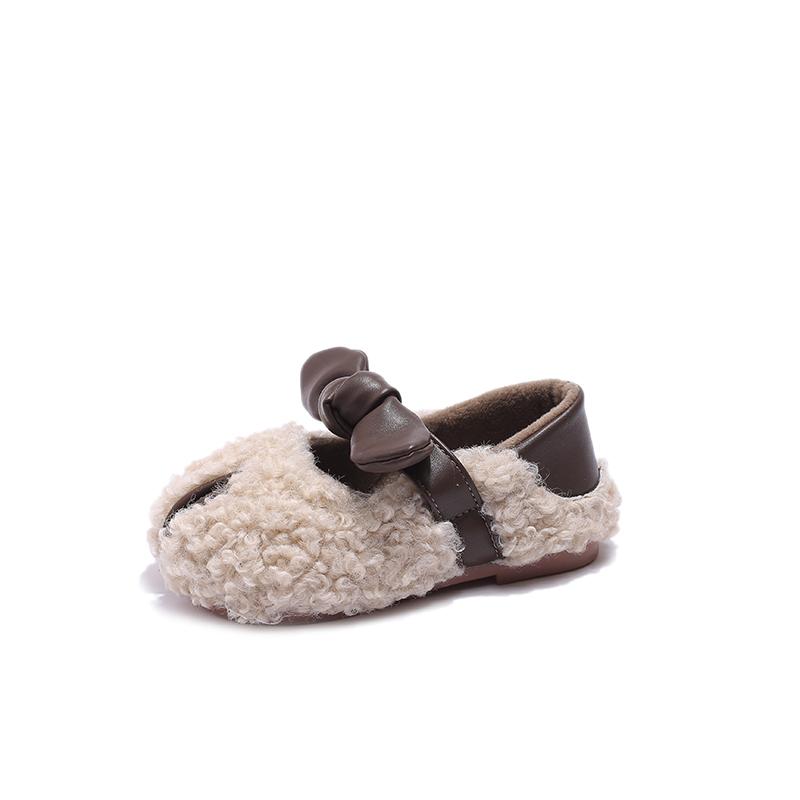 Зимняя детская обувь с мягкой подошвой для девочек, хлопковая обувь, модная детская обувь с бантом, простая плюшевая обувь на плоской подошве, повседневная, теплая, с липучкой