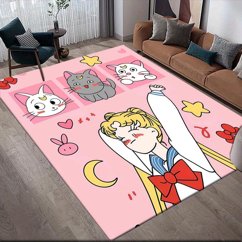 Sailor Moon Flannel Pattern Square Carpet,Area Rug,Carpet Rug for Living Room Bedroom Sofa Playroom Decor,Non-slip Floor Mat