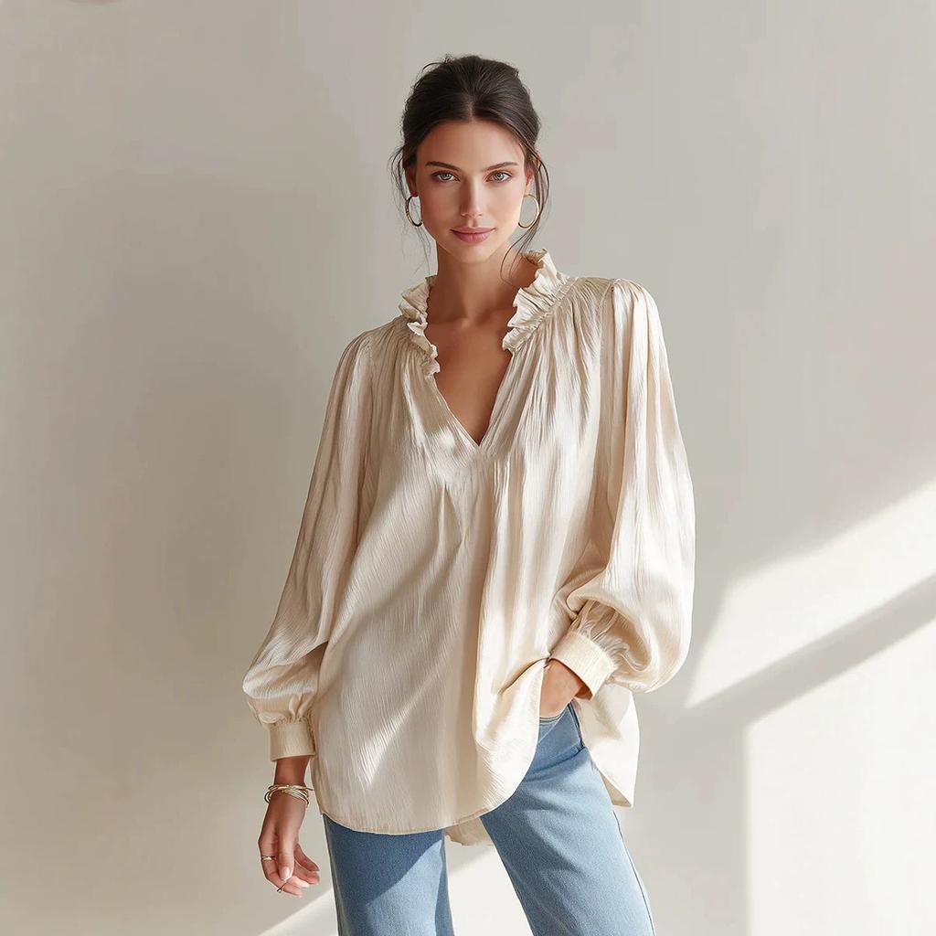 New Arrival Women’s V-neck Ruffled Long-sleeved Loose-fit Casual Shirt Top