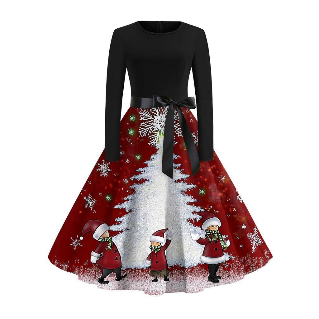 Christmas Print Flare Dress For Women Long Sleeve Dress Hollow Party Casual Dresses