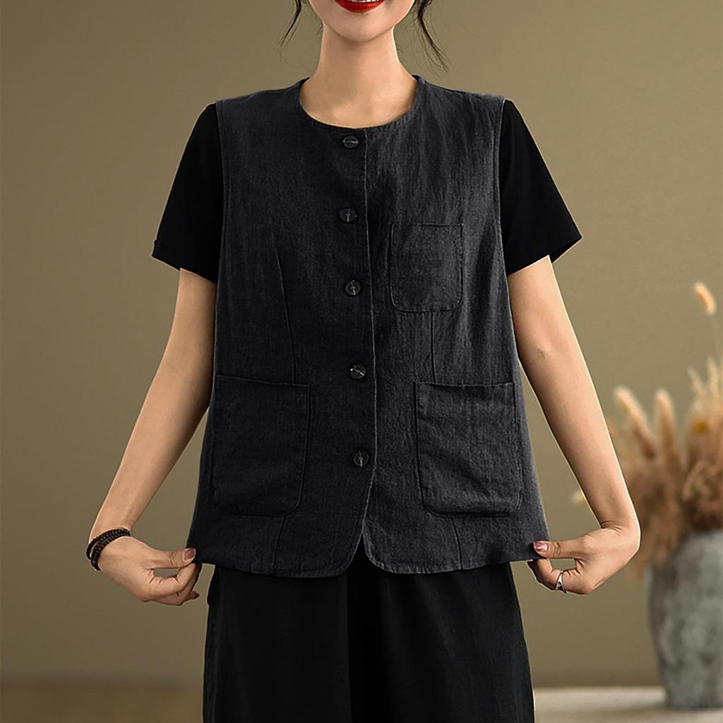 Womens Cotton Linen Vest Casual Sleeveless Coat Cardigans Lightweight Jacket Waistcoat Top