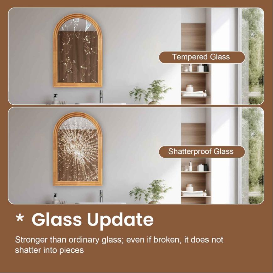Arched Mirror 40x60cm in Wood-Effect MDF – HD Tempered Shatter-Resistant Glass, Retro Style, Water-Resistant for Bathroom & Wall