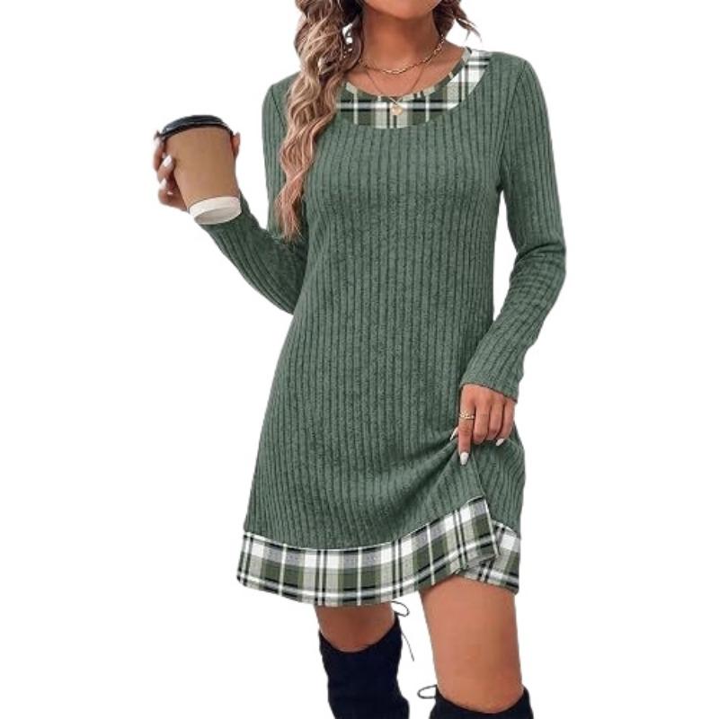 Autumn and winter new knitted sweater skirt elegant temperament casual plaid splicing dress women's clothing
