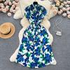 Light luxury retro collar printed dress women's summer French lace-up waist loose and thin medium and long shirt skirt