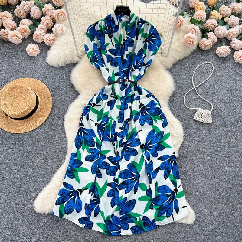 Light luxury retro collar printed dress women's summer French lace-up waist loose and thin medium and long shirt skirt
