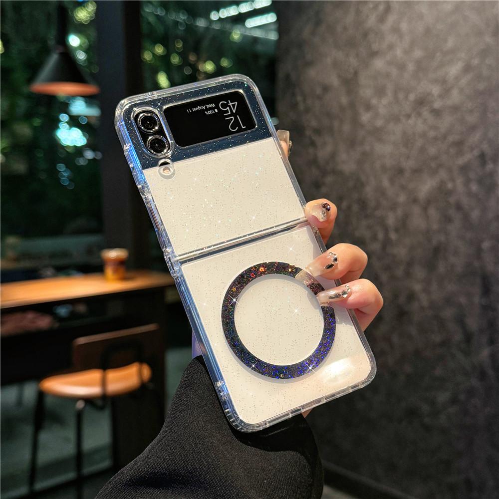Подходит для складного мобильного телефона Samsung Zflip6 Прозрачный блестящий жесткий чехол Zflip5 Цветной чехол с магнитной фиксацией Zflip3 4