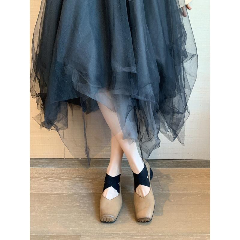 Spot Cowhide Version~ Grape Mother High-heeled Single Shoes Retro Cross-strap Mary Jane Shoes Square Head Thick Heel Ballet Shoes