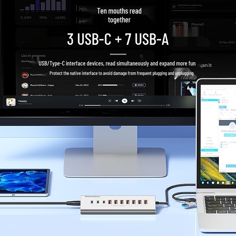 BlueShuo USB 3.2 10-Port Type-C Hub Splitter for Laptops & Desktops