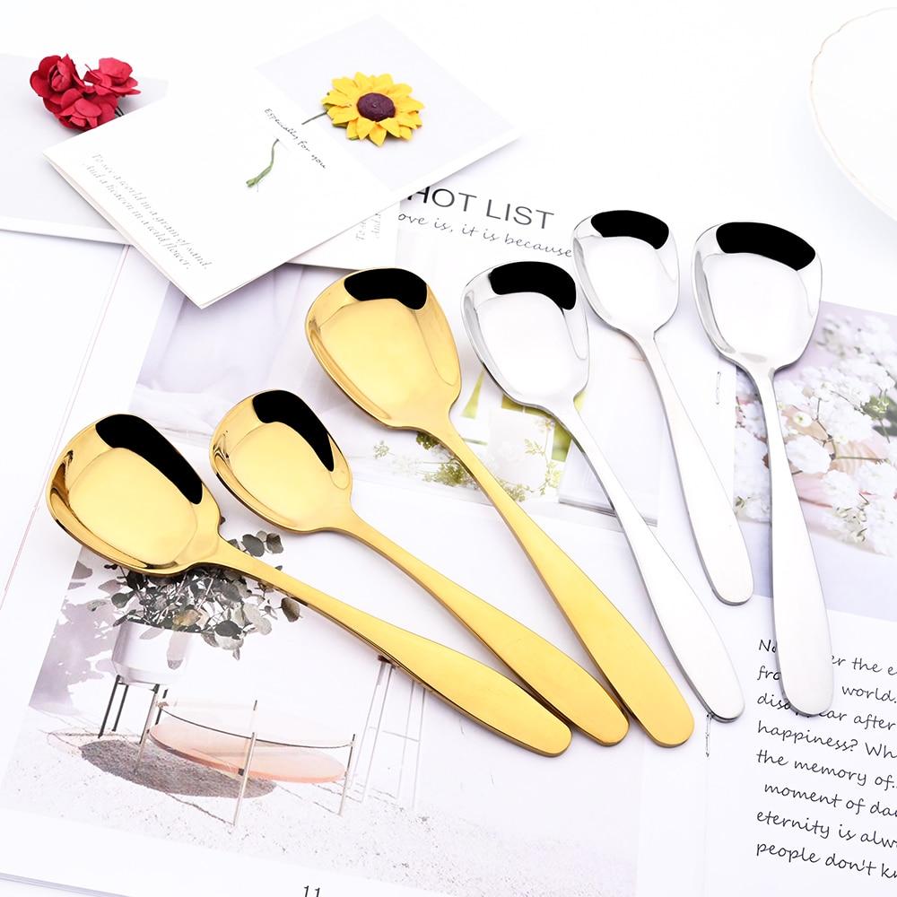 Золотой 3 шт. зеркальный набор столовых приборов из нержавеющей стали, квадратные ложки с платформой и дном, столовая посуда, мороженое, десерт, салат, ложки, набор столового серебра