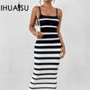 IHUASU Женские сексуальные платья-халатки в полоску с бретельками через шею, длинные платья