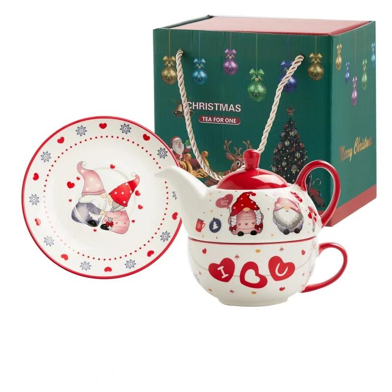 420ml Christmas Ceramic Gold-plated Teapot Cup and Saucer Set with Christmas Graffiti Coffee Flower Tea Set Christmas Gift