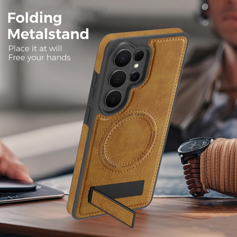 Advanced Luxury Business Stand Bracket Phone Case for Mag safe Magnetic for Samsung S26 S25 Edge S24 FE S23 S22 Ultra S26 Plus Leather Protect Cover