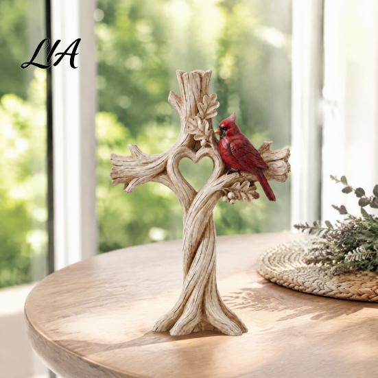 Whimsical Bird Statue for Garden Red Heart Tree Ornament, Memorial Resin Figurine, Rustic Unique Gift Carved Wood Look Spiritual Decoration Home Table