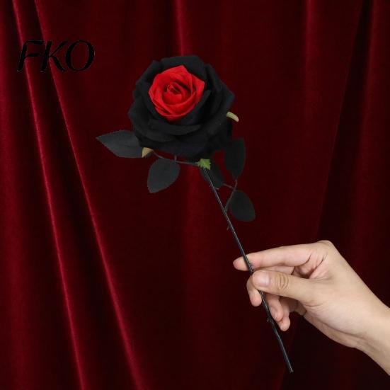 Long Stem Artificial Flower Rose Flower, Gothic Black Red Faux Silk with Dark Theme Floral Decor for Halloween Arrangement, Home Wedding Centerpiece