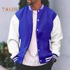 Men Baseball Jacket Stand Collar Long Sleeve Striped Patchwork Color Buttons Closure Jacket Coat with Two Side Pockets